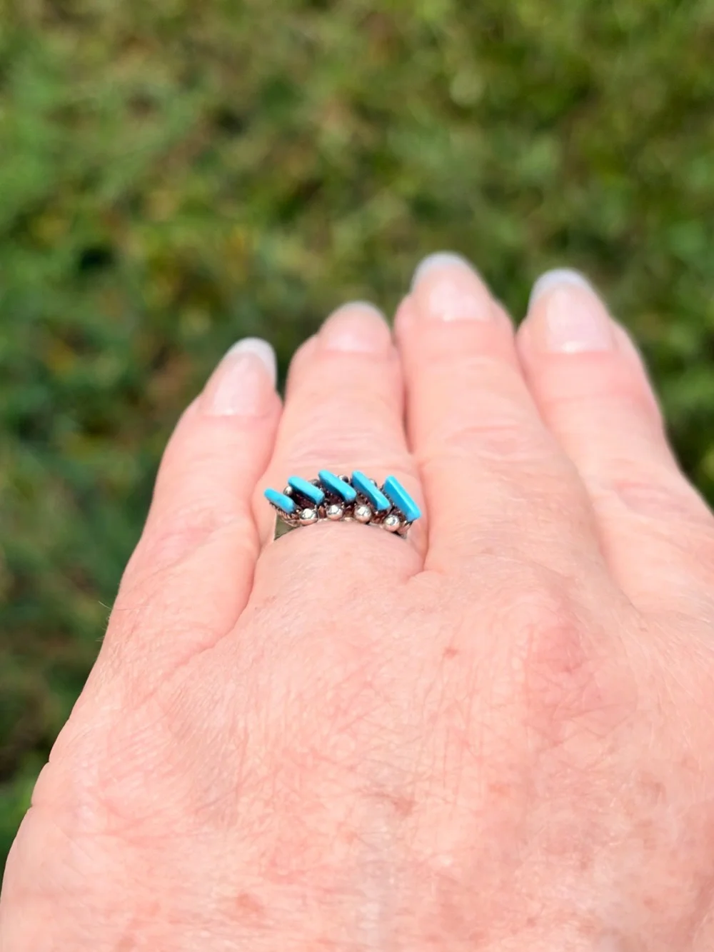 Cletus Lamy Signed 925 Sterling Silver Kingman Turquoise Inlay Chevron Ring